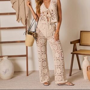 Elegant Cream Crochet Beach Pants